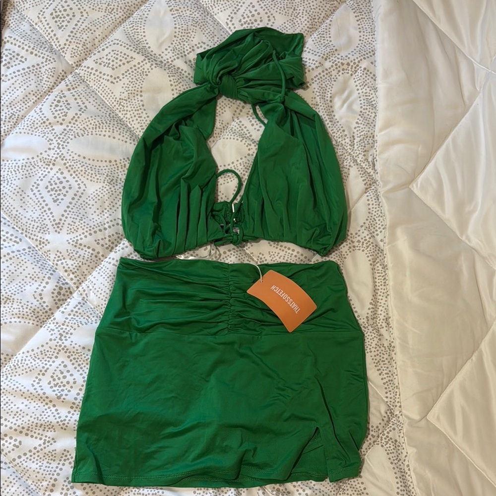 Festival outfit Green Ruched Mini Skirt w/shorts and halter top